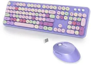 SbocKeeb Wireless Keyboard and Mouse Set, Retro Typewriter 2.4GHz Full Size 104-Key Cute Colorful Keyboard with Number Pad Round Keycaps for Windows PC Laptop(Colorful Purple)