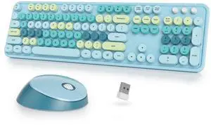 SbocKeeb Wireless Keyboard and Mouse Set, Retro Typewriter Keyboard, 2.4GHz Full Size 104-Key Cute Keyboard with Number Pad, Colorful Keyboard with Round Keycaps for Windows PC Laptop(Colorful Blue)