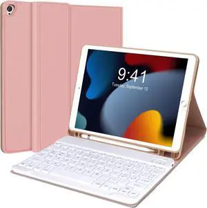 SENGBIRCH iPad 10.2 Case with Keyboard - 9th/8th/7th Generation (2021/2020/2019 Release), Detachable Bluetooth, Auto Sleep/Wake Up Smart Folio with Pencil Holder, iPad 9th Case with Keyboard (Pink)