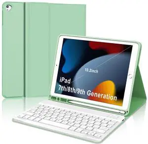 SENGBIRCH [Spanish] Keyboard Case for iPad 7th/8th/9th Generation (10.2 inch), iPad 9th Generation Keyboard 2021, USB-C, Bluetooth, Detachable - Smart Keyboard Folio Case with Pencil Holder (Green)