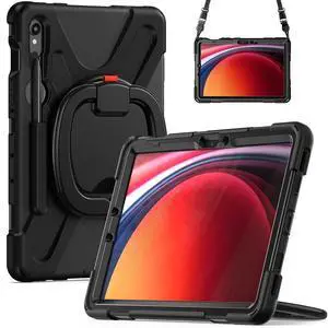 QYiiD Case for Galaxy Tab S9 2023 (SM-X710/X716B/X718U) with S Pen Holder, Heavy Duty Shockproof Protective Case with Rotating Stand/Kickstand/Carrying Shoulder Strap for Galaxy Tab S9 11 inch, Black