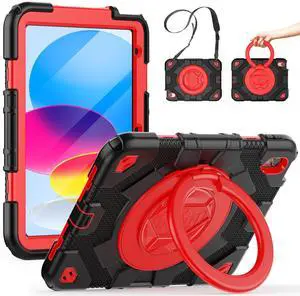 SCSVPN for iPad (A16) 11th/10th Generation Case 11 inch 2025/10.9 inch 2022, Rugged Shockproof Protective Silicone Case for Kids with Pencil Holder, Rotate Stand & Handle, Shoulder Strap - Black/Red