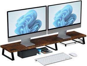 Vintage Wooden Dual Monitor Stand - 2 Monitor Riser with Metal Legs & Drawer, Office Desk Organizer
