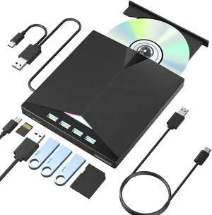 Alphami External CD/DVD Drive for Laptop, 7-in-1 External CD/DVD Drive with 2 USB Ports, SD/TF Card Slots,CD/DVD +/-RW Drive, USB 3.0 DVD Burner Compatible with Laptop, Mac, Windows 11/10/8/7, Linux