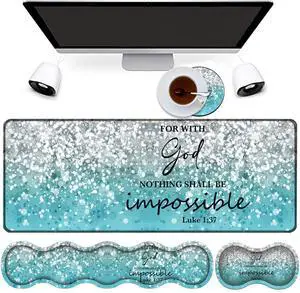 4 in 1 Mouse Pad Combo, Large Gaming Mouse Pad + Keyboard Wrist Support + Mouse Wrist Rest + Coaster, Table Pad with Stitched Edge Memory Foam Ergonomic Wrist Pad Set, Blue Flash Bible Pattern