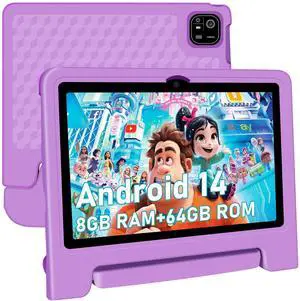 NRKDUBQ Tablet for Kids, 10.1 inch IPS HD Touchscreen Android 14 64 GB Storage, 8GB RAM, Octa Core Kids Tablet, Parental Controls, 12-hr Battery, WiFi, GPS - Purple