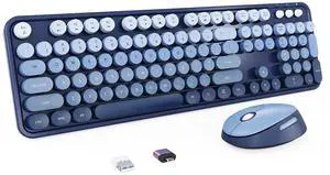 Nowlike Wireless Keyboard and Mouse Combo, Retro Typewriter Keyboard with Round Keycaps, Full-Size Ergonomic, Blue, Ideal for Windows PC, Home, Office, and College, Wireless Keyboard Mouse Combo