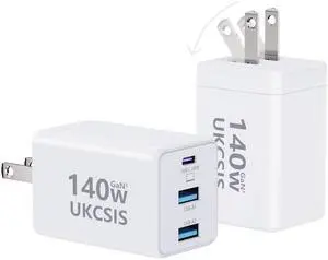 140W USB C Charger Block - UKCSIS 3-Port GaN Fast Chargers 2 Pack, Foldable USB C Wall Charger, Compact 100W Laptop Adapter, for MacBook Pro/Air, iPad Pro, Galaxy, iPhone Series, White