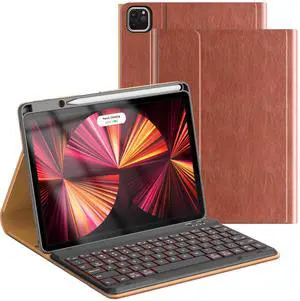OPAKIT Leather Keyboard Case for iPad Air 5th 4th Generation 10.9 inch Pro 11 1st/2nd/3rd/4th, 7 Color Backlight BT Keyboard Folio with Pencil Holder 2022 2021 2020 2018 (Brown)