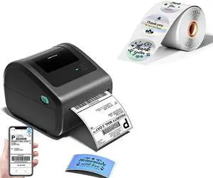 Omezizy D450BT Bluetooth Shipping Label Printer and 1 Roll 2'' Holographic Sliver 400pcs Round Thermal Printer Labels, Wireless Thermal Label Printer for Small Business