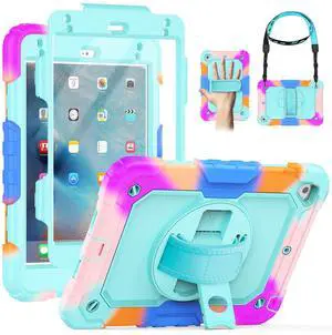 SEYMAC for iPad mini 5/ Mini 4 Case 7.9 Inch, Sturdy Heavy Duty Shockproof Full-Body Protective Case with Screen Protector, Rotating Stand, Hand/Shoulder Strap for iPad mini 5th/4th Gen, Camo/SkyBlue