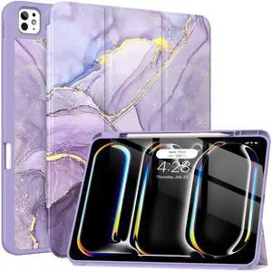 Soke for New iPad Pro 13 Inch Case (M4, 2024 Release), with Pencil Holder Trifold Stand Shockproof [Support Apple Pencil Charging + Auto Wake/Sleep], Soft TPU Back Cover, Lilac Marble