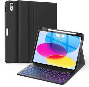 Soke for iPad (A16) 11th/10th Generation Case with Keyboard(2025/2022)-7 Color Backlight Wireless Detachable Folio Keyboard Cover with Built-in Pencil Holder for iPad 11/10.9 inch, Ebony