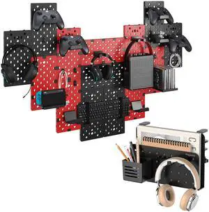 PEGZONE Desk Side Storage Organizer No Drill Under Desk Laptop Holder Bundle with 14 PCS Controller and Headphone Holder Wall Mount