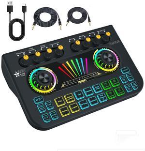 Gaming Audio Mixer Sound Board Mixer w USB Audio Interface Voice Changer, All-in-One Podcast Live Sound Card for Streaming w Soundboard Customizable Soundpads for PC Smartphone Recording Broadcasting