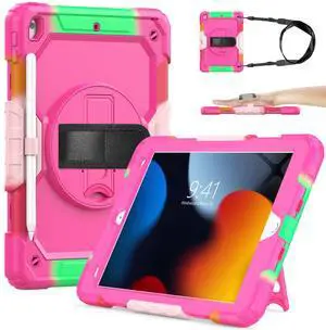 SIBEITU Case Compatible with iPad 9th/8th/7th Generation with Screen Protector Pen Holder, iPad Case 10.2 Inch, Heavy Duty Rugged Protection Cover W/Stand Hand Shoulder Strap for iPad A2602 A2197