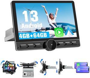Pyniro Single Din Car Radio Stereo Universal 8 Core Car Radio Rotatable Touchscreen10.6, Android 13[4GB+64GB] with CarPlay/Android Auto, 4G SIM/WiFi/GPS/Bluetooth/RDS/USB/FMAM/SWC/Backup Camera