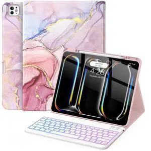 Soke Keyboard Case for iPad Pro 13 Inch (M4 2024), Magnetic Detachable Wireless Keyboard & 7 Colors Backlight Keys, Folio Stand TPU Back Cover with Pencil Holder for iPad Pro 13", Pink Marble