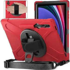 QYiiD Case for Galaxy Tab S9 Plus 12.4 Inch 2023 with S Pen Holder, Shockproof Protective Case with Rotating Hand Strap/Swivel Kickstand & Shoulder Strap for Galaxy S9+ SM-X810/X816B/X818U, Red