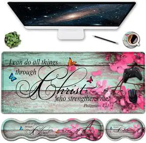 Ergonomics Keyboard Mouse Pad Set, Memory Foam Keyboard Wrist Rest Support,XXL Extended Big Wireless Gaming Mouse Mat 31.5x11.8 in Desk Pad, Philippians 4:13 & Red Flowers Large Mouse Pad