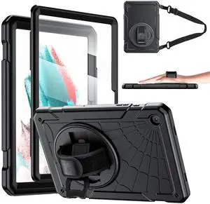 Stweap Case for Samsung Galaxy Tab A9+ / a9 Plus 11'' 2023 (SM-X210/X216/X218), Shockproof Hard Duty Case with Screen Protector+360 Rotating Hand Strap&Stand+Shoulder Strap for Tab A9+ Tablet, Black