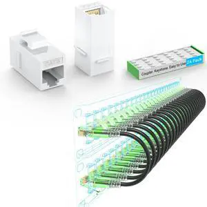 Cat6a Patch Cables Slim 1ft (24 Pack) Black and CAT6 RJ45 Keystone Coupler (24 Pack) White