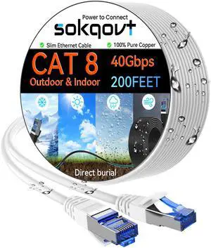 Sokqovt Cat 8 Ethernet Cable Slim 200ft Outdoor&Indoor, Pure Copper Cat8 Internet Cable for Waterproof & Direct Burial, Flexible Cat8 Ethernet Cable 40G 2000MHZ, Cat 8 Network Cable for Indoor White