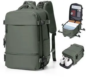 Travel Backpack Simple Durable Carry On Backpack with Shoe Compartment, Personal Item Travel Bag Flight Approved, Water Resistant Laptop Backpack for Women Men Weekender Business, Sage Green