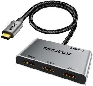 SWITCHFLUX USB C to 3 x HDMI Adapter |4K60Hz HDMI Splitter Extended Display 1 in 3 Out MST Hub with 100W PD for Multiple Monitors Converter Compatible with Laptop,PC,USB-C Graphics Card