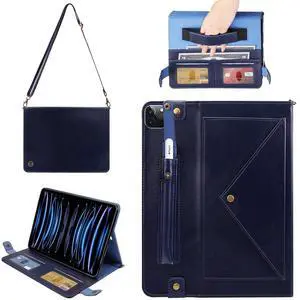 Handbag Case for iPad Pro 11" 2018-2022 / Air 11" 2025 2024 10.9" - Techcircle Folio Stand iPad Crossbody Wallet Case with Pencil Holder, Hand Strap+Shoulder Strap Protective Cover, Navy