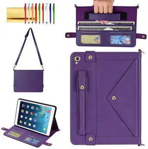 Handbag Case for 9.7-inch iPad 2018 2017 (iPad 5th/6th Generation), iPad Air/Air 2 Case, Techcircle Smart Folio Stand PU Leather Crossbody iPad Cover with Hand Strap, Pencil Holder Wallet Case, Purple