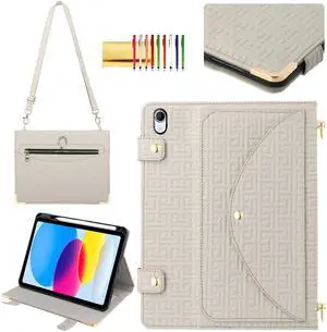 Handbag Case for iPad A16 2025 11th/10th Gen 2022 Cover with Pencil Holder [4 Card Slots+2 Pockets], Techcircle Unique Pattern Textured PU Leather Folio Stand Case with Shoulder Strap, Off-White