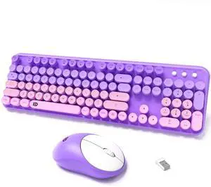 Wireless Keyboards Mouse Combos, Colorful Cute Typewriter Full-Size Retro Creamy Keyboard, 2.4GHz Sleep Mode Office Quiet Wireless Keyboard and Mouse Set for Desktop Laptop PC Computer(Purple)