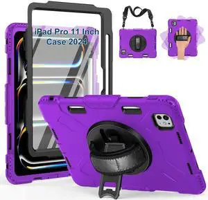 SUPFIVES 2024 iPad Pro 11 Inch Case M4 (5th Generation), with Screen Protector/Shoulder Strap/Pencil Holder/Handle/Rotating Stand, Purple