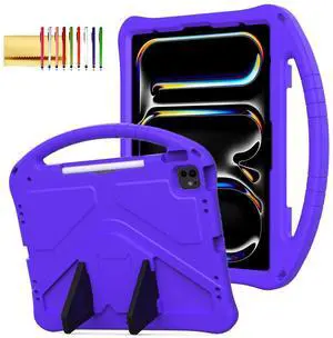 Kids Case for iPad Pro 13" 2024/Air 13" M3 M2, iPad Pro 12.9 2018-2022 Cover with Pencil Holder, Techcircle Lightweight Shockproof EVA Foam Handle Stand Anti-Slip Grip Rugged Case, Purple