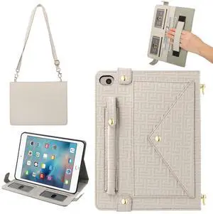 Handbag Case for iPad Mini 5th 4th 3rd 2nd 1st Generation (Prior to 2019), Techcircle Elegant Crossbody Folio Stand Wallet Case with Pencil Holder, Card Slots, Hand Strap, Shoulder Strap, Off-White