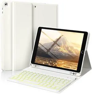 SZPSGC Case for iPad 9th/8th/7th Generation with Keyboard 10.2 Inch 2021/2020/2019, 7 Colors Backlit Detachable Keyboard, Soft TPU Back Folio Stand Cover with Pencil Slots, White