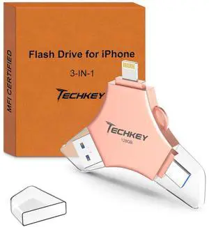 MFi Certified USB 3.0 Flash Drive 128GB for iPhone 3in1 External Memory Photo Keeper Storage Stick for Picture/Video/Data Saver/Backup High Speed Thumb/Jump/Hard Drives for iPad/Android/PC (Rose Pink)