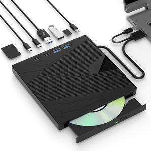 External CD/DVD Drive for Laptop, 7-in-1 DVD Player for Laptop USB 3.0 & Type-C Portable CD Burner External Disk Drive Optical Compatible with Latptop PC Windows XP/7/8/10, Linux MacOS
