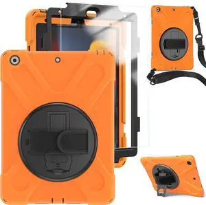 TSQ Case for iPad 10.2 Inch for Kids Boys Girls w/Screen Protector 2021 2020 2019 | Heavy Duty Shockproof Protective Case w/Stand Hand Shoulder Strap, Cover for iPad 9th 8th 7th Generation-Orange