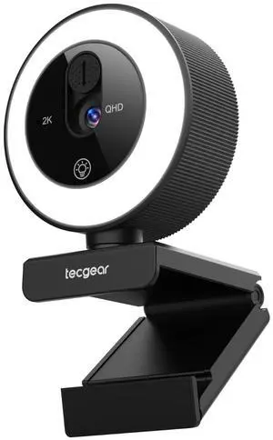 Tecgear Sentinel Glo, 2K Webcam with Ring Light, Built-in Privacy Shutter, Auto Focus QHD Resolution Privacy Lens Cover, Built-in Microphone