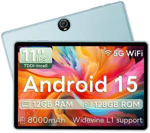 TUOHAITIME 2025 Android 15 Tablet 11inch, 12GB+128GB+512GB, Support Face Unlock,18W Fast Charging with 8000mAh Large Battery,Dual WiFi6, Dual Camera,Octa-Core CPU, Bluetooth,HD Touchscreen Display