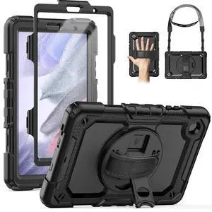 SEYMAC for Samsung Galaxy Tab A7 Lite Case 8.7" (SM-T220/ T225/ T227), Heavy Duty Full-Body Shockproof Protective Case with Screen Protector, Rotating Stand, Hand/Shoulder Strap, Black