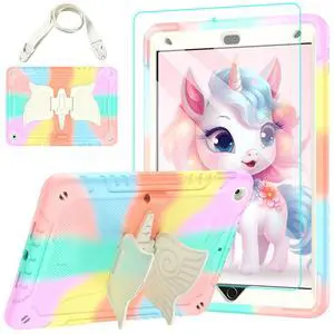 TOMORRY for iPad 9th/8th/7th Generation Case 10.2" with Tempered Glass Screen Protector,Unicorn Stand & Pencil Holder Shoulder Strap,Shockproof for iPad 10.2 Case 2021/2020/2019 Kids (Multicolor)