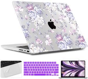 TWOLSKOO Case for MacBook Pro 14 inch M4 M3 M2 M1 (2025-2021) A3112 A3185 A3401 A2918 A2992 A2779 A2442, Plastic Hard Shell & Keyboard Cover & Screen Protector & Trackpad Film, Purple Peony
