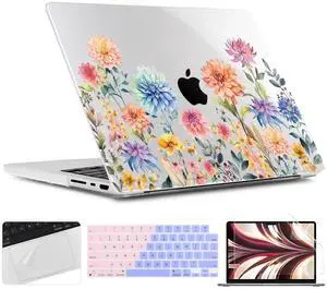 TWOLSKOO Case for MacBook Pro 14 inch M4 M3 M2 M1 (2025-2021) A3112 A3185 A3401 A2918 A2992 A2779 A2442, Plastic Hard Shell & Keyboard Cover & Screen Protector & Trackpad Film, Beautiful Flowers