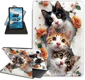Case for Samsung Galaxy Tab A9+/A9 Plus 11 inch 2023 Folio Multi-Angle Rotating Stand for Tablet (SM-X210/X216/X218) Auto Wake/Sleep,Cute Cats and Roses