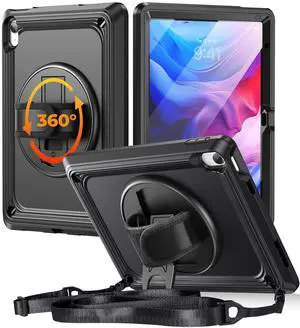 TSQQST iPad A16 11th/10th Generation Case 10.9 Inch 2025/2022 with Screen Protector | Military Grade | 360 Rotating Stand & Hand Shoulder Strap | Rugged Silicone Heavy Duty Drop Protection | Black