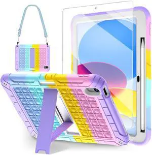 TSQQST for iPad 10th Generation Case for Autism 10.9" 2022 with Glass Screen Protector | Cute Boys Girls Kids Case with Stand Pencil Holder Shoulder Strap | Push Pop Bubbles for Stress Relief