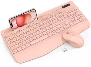 Wireless Keyboard and Mouse Combo - Full-Sized Ergonomic Keyboard with Wrist Rest, Phone Holder, Sleep Mode, Silent 2.4GHz Cordless Keyboard Mouse Combo for Computer, Laptop, PC, Mac, Windows (Pink)